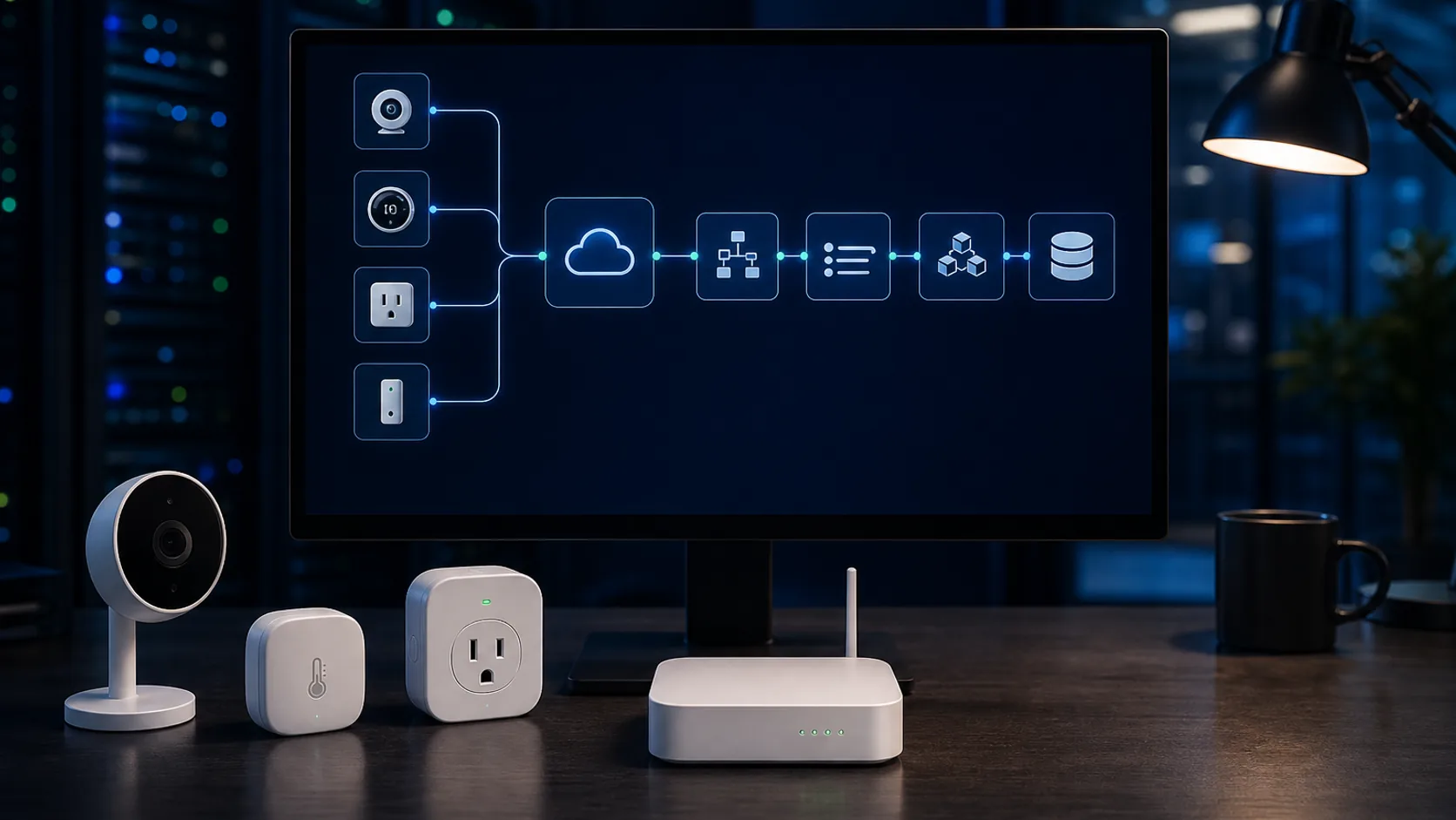 Smart devices connected through cloud, API, event, backend, and database layers on an operations monitor.