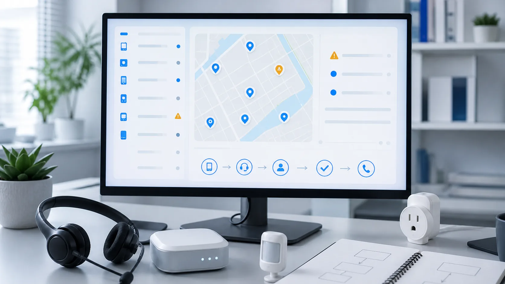 Support dashboard showing a connected-device fleet, location alerts, and a case workflow beside a headset and smart devices.