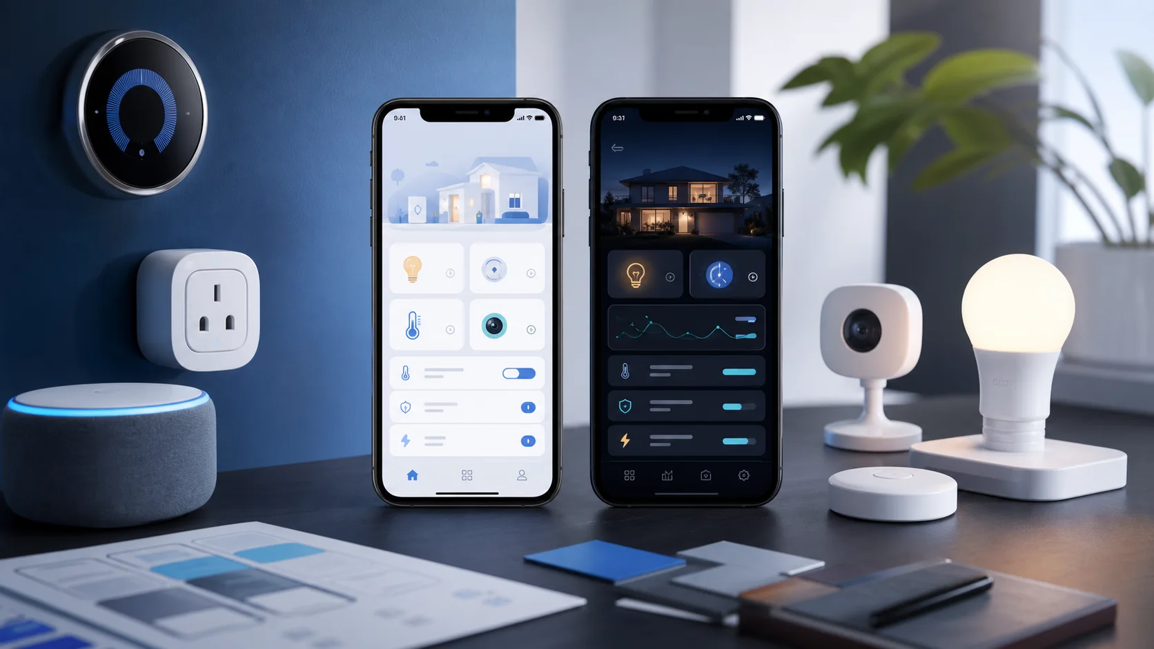 Two smart app paths shown on phones connected to IoT devices, comparing OEM template and custom SDK experiences.
