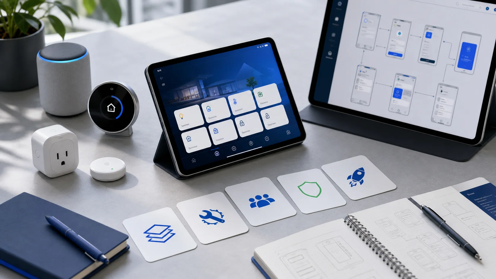 Product planning desk comparing a branded Tuya OEM app path with a custom SDK app roadmap and connected smart devices.