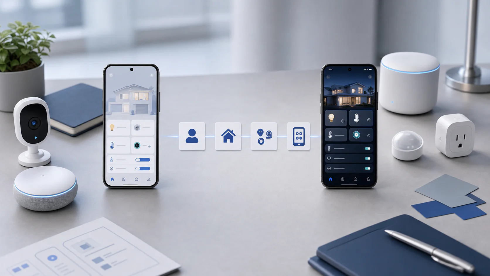 Two smart home apps connected by a migration path for accounts, homes, and devices.