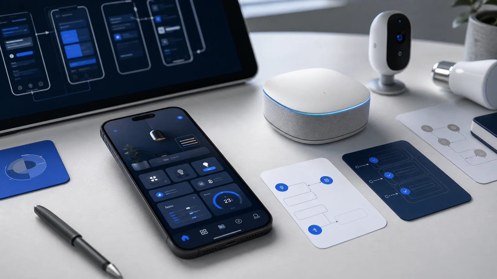 Smart home app upgrade planning scene with phone UI, connected device, and product journey cards.