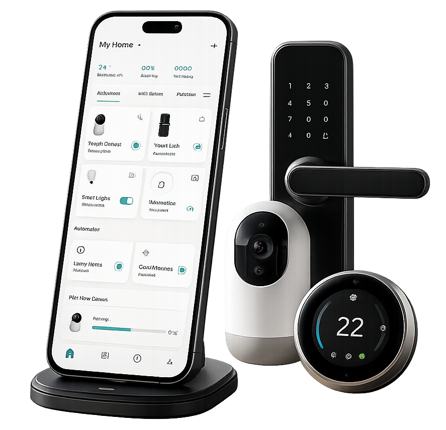 Smart home app interface with connected smart lock, camera, and thermostat devices