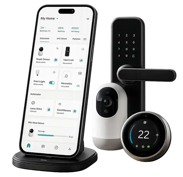 Smart home app interface with connected smart lock, camera, and thermostat devices